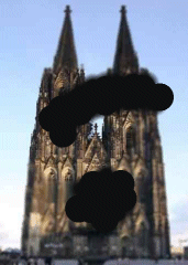 Simulation: Kölner Dom wie von einem Menshcen mit gesichtsfeldausfällen gesehen.